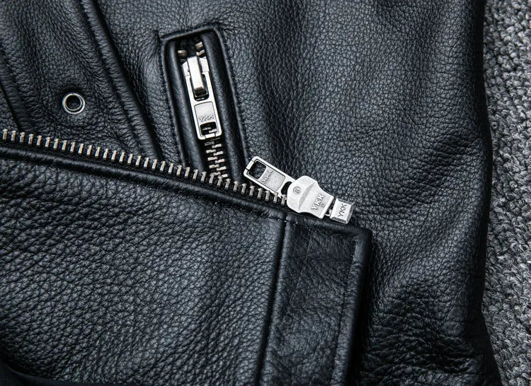 Pure cowhide black biker leather jacket with full front zipper, shown on model