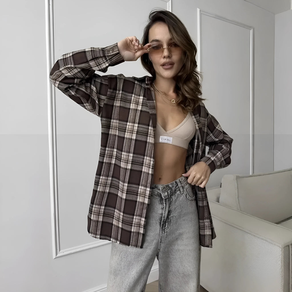 Women's dark brown retro striped long sleeve cotton shirt with regular fit and optional pocket detail