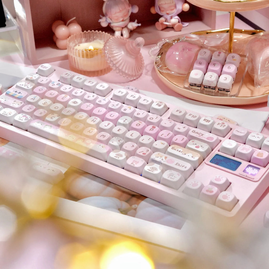 Pink MOA mechanical keyboard keycaps with cartoon design on all five sides via sublimation printing
