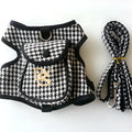 Black houndstooth cotton dog vest with strap and lead, sizes S to XL