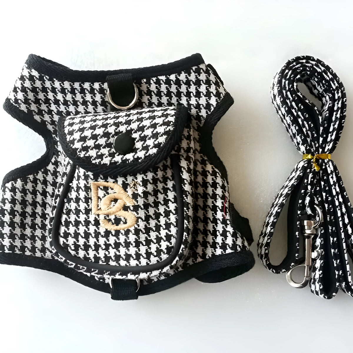Black houndstooth cotton dog vest with strap and lead, sizes S to XL