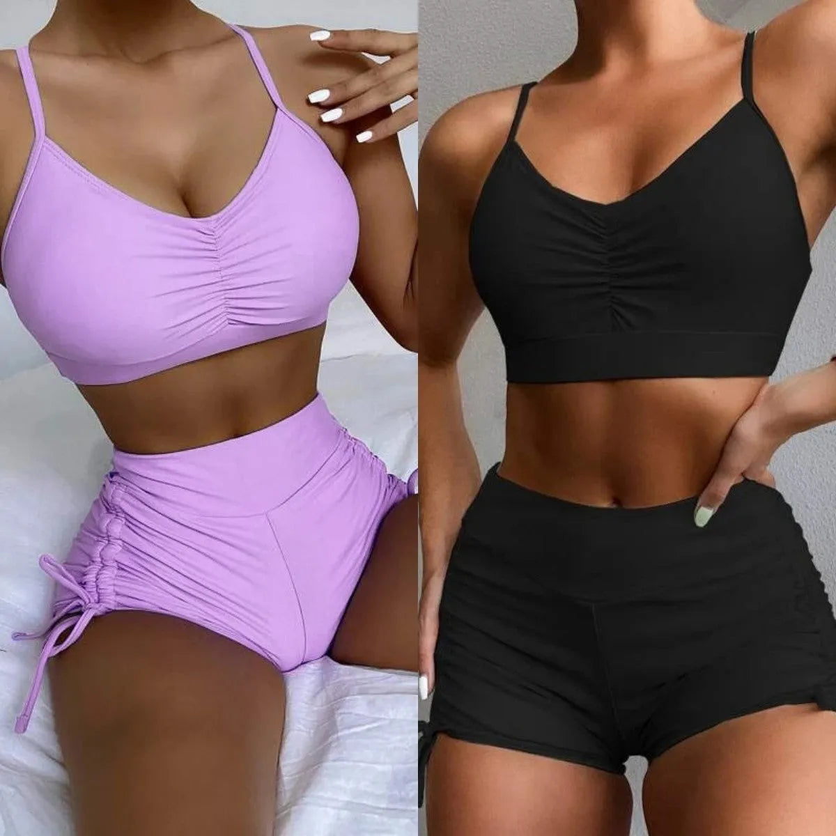 Women's purple high waist split bikini swimsuit with lining, showing top and shorts.