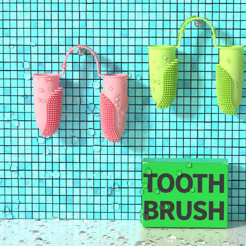 Pet dental finger toothbrush set in pink, blue green, and grass yellow colours, showing double finger TPR design.
