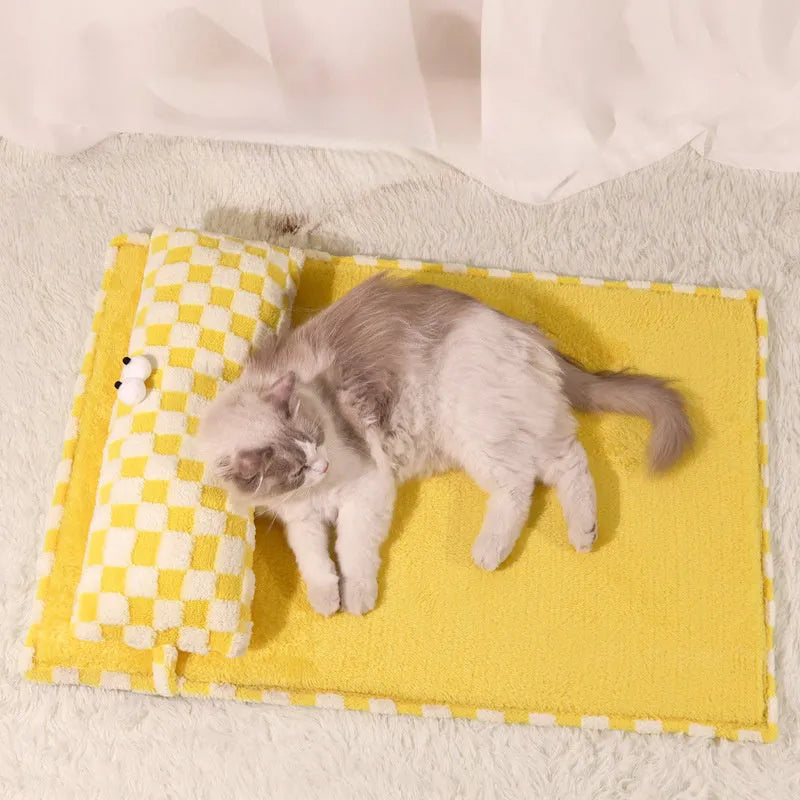 Grey and yellow pet nest cushion for cats and dogs shown in four different sizes.