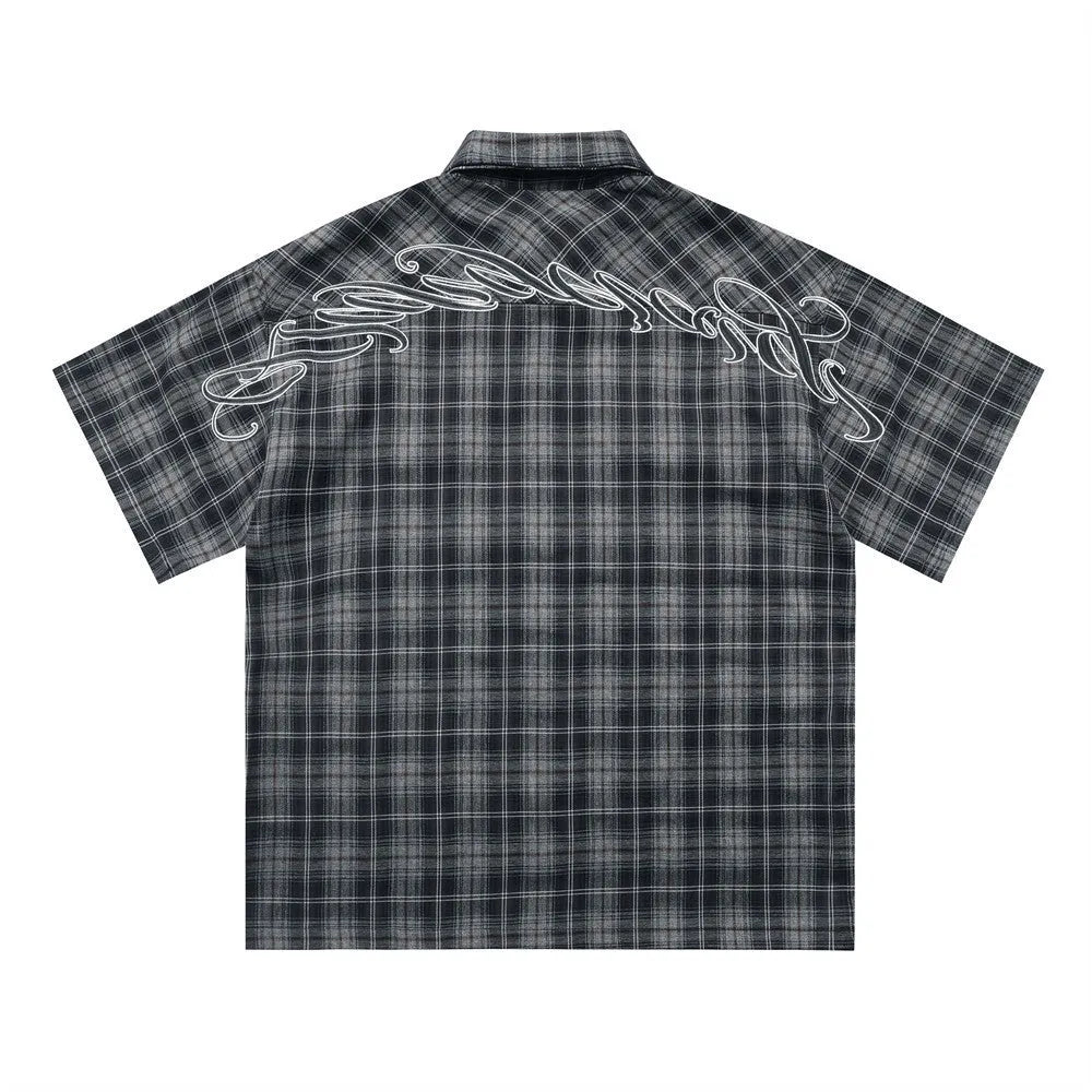 Men's short sleeve plaid shirt with embroidery and lapel collar in black or brown cotton blend fabric