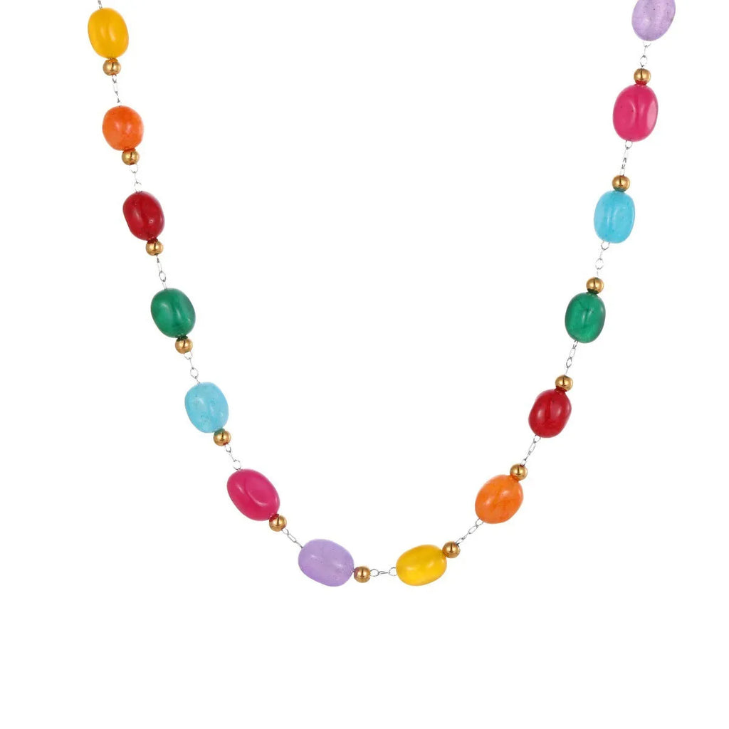 Natural stone beaded necklace for women with geometric pendant, 18K electroplated stainless steel chain, 41-50cm