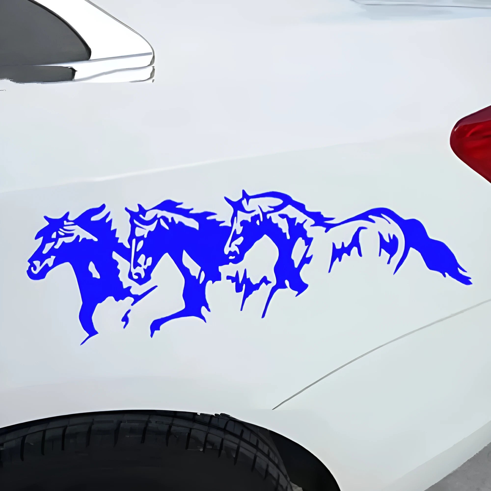 Black, white, red and blue steed horse design car body sticker measuring 25 by 8 cm.