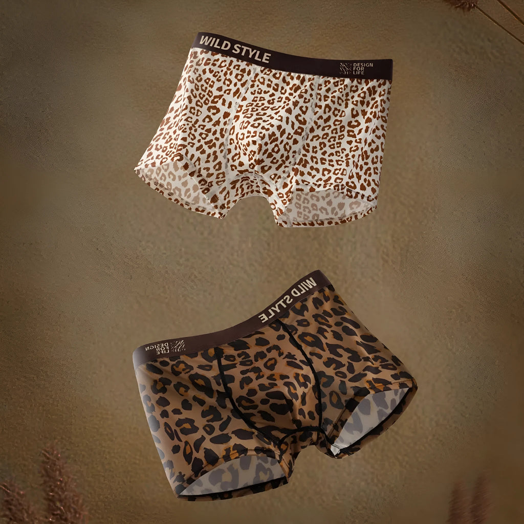 Men's ice silk leopard print mid waist briefs in polyester, available in four colours and sizes L to XXXL