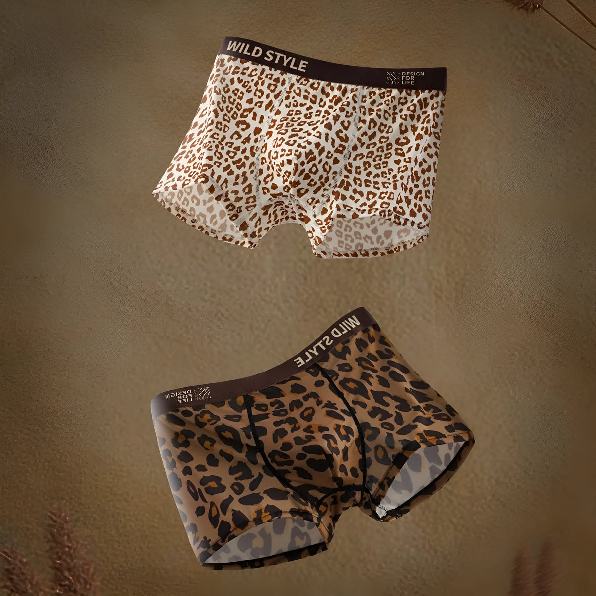 Men's ice silk leopard print mid waist briefs in polyester, available in four colours and sizes L to XXXL