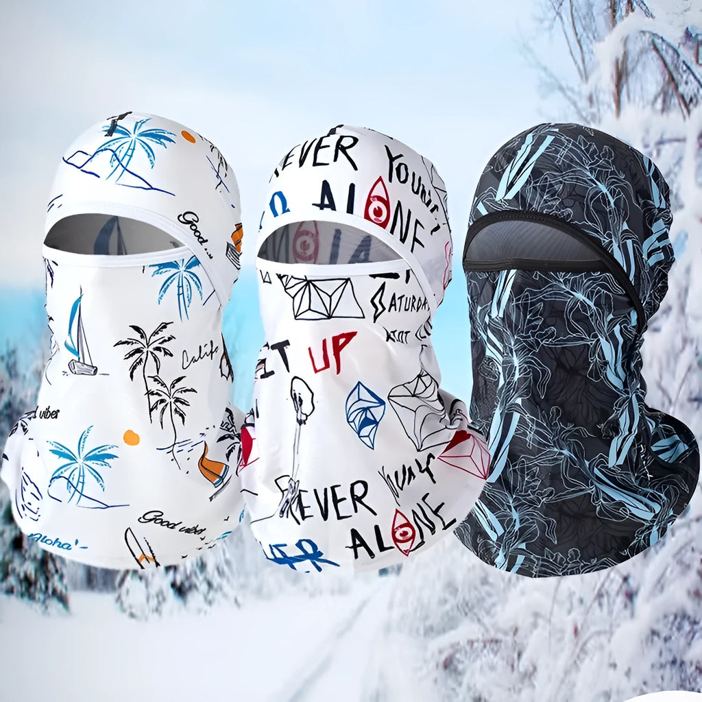 Cotton motorcycle balaclava head cover in patterned street style with matching gloves for winter riding