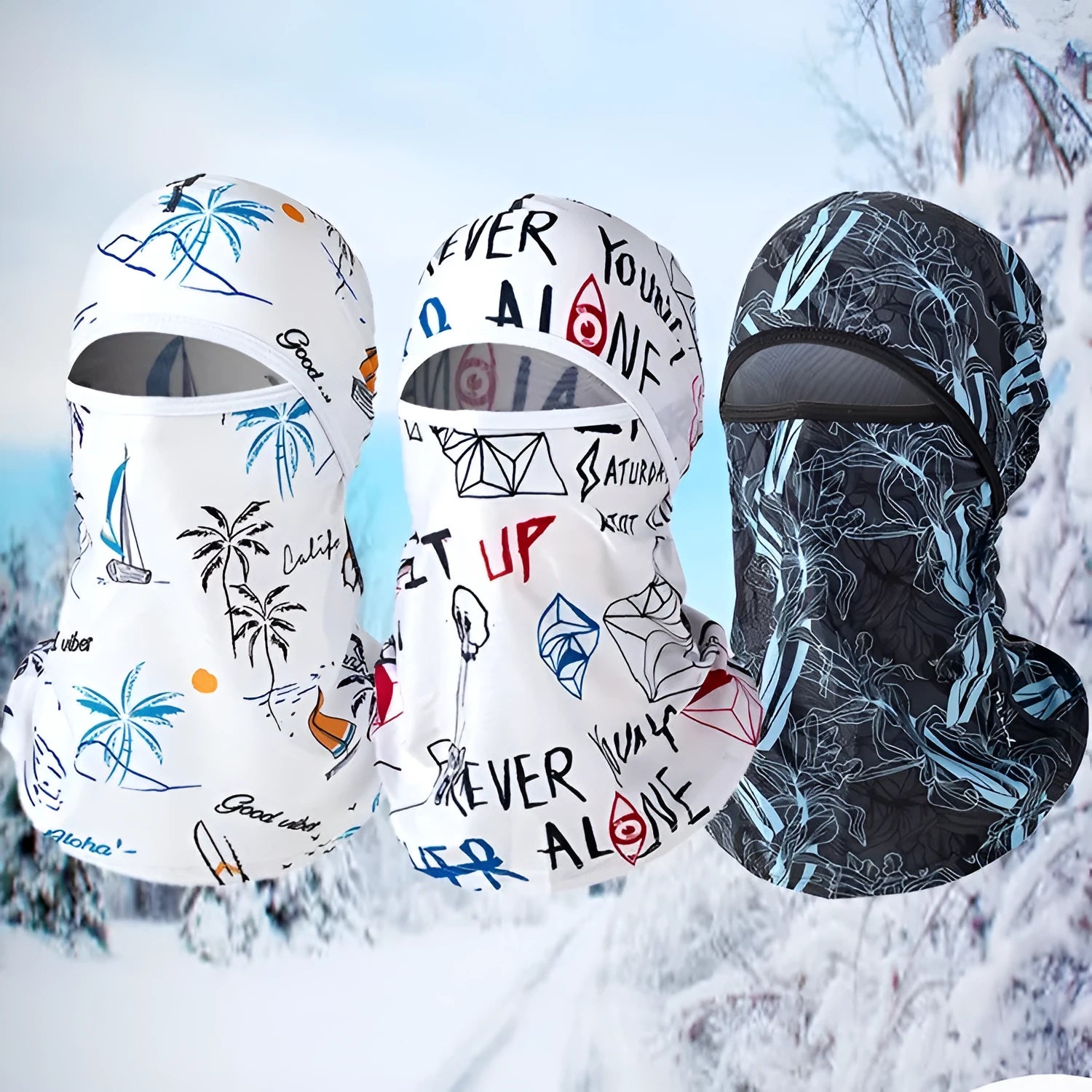 Cotton motorcycle balaclava head cover in patterned street style with matching gloves for winter riding