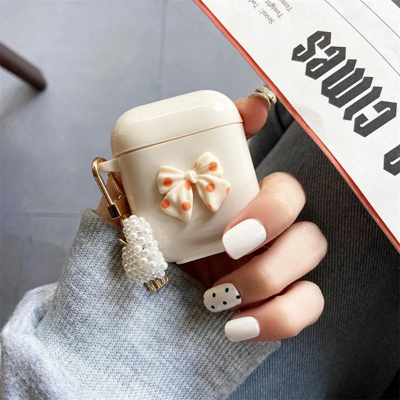 3D bow pearl checkerboard AirPods case cover in black or apricot TPU, handmade clamshell sleeve