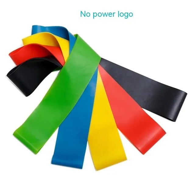 Five yoga stretching bands in different colours showing graduated thickness for progressive resistance training