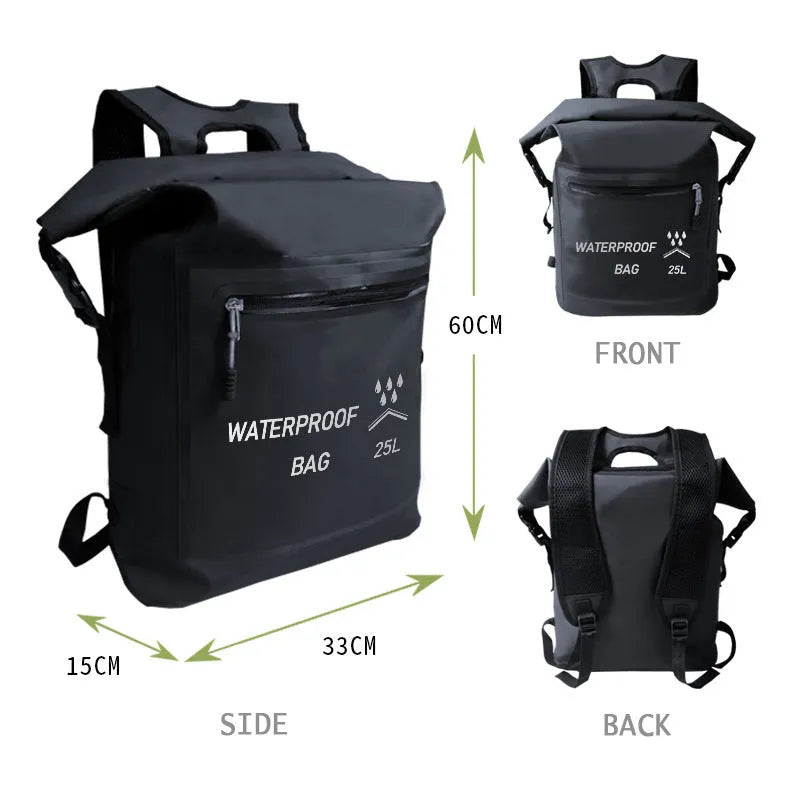 Black 25 litre waterproof backpack for outdoor swimming and water activities