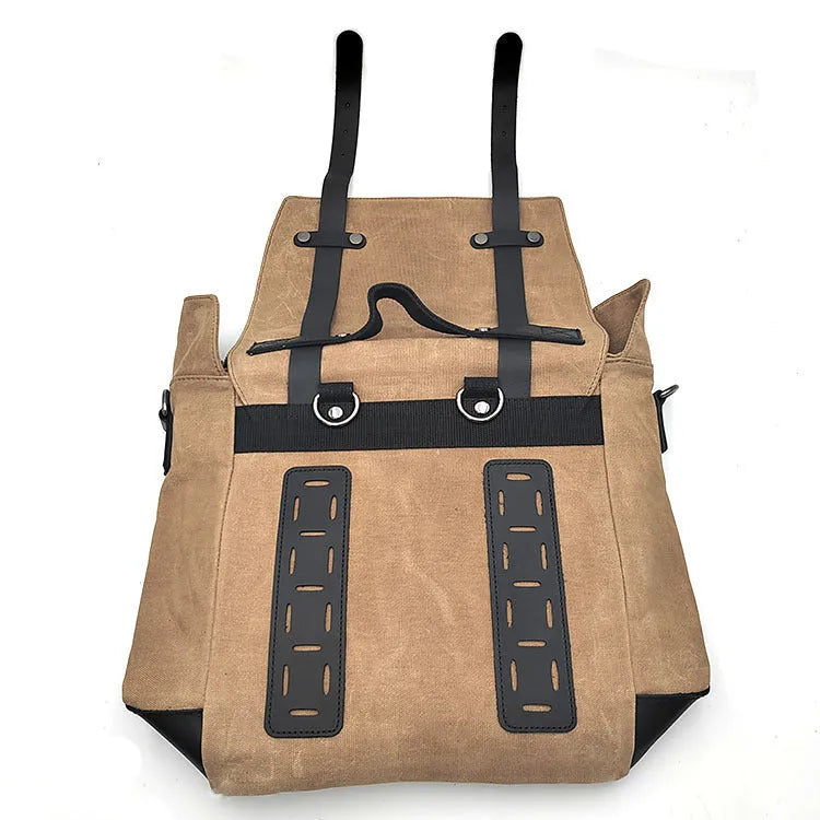 Universal waterproof canvas motorcycle side pannier pack with leather reinforcement in black colour