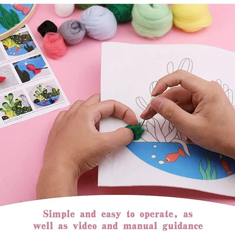 Round linen embroidery kit with wool felt pieces and embroidery frame for 3D blanket painting