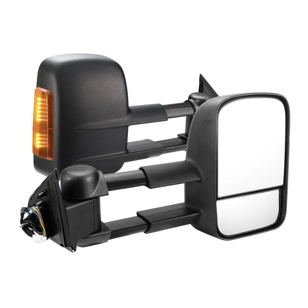 Black electric exterior rear view mirror for Nissan NP300 D23 2015+ with large vision glass and light.