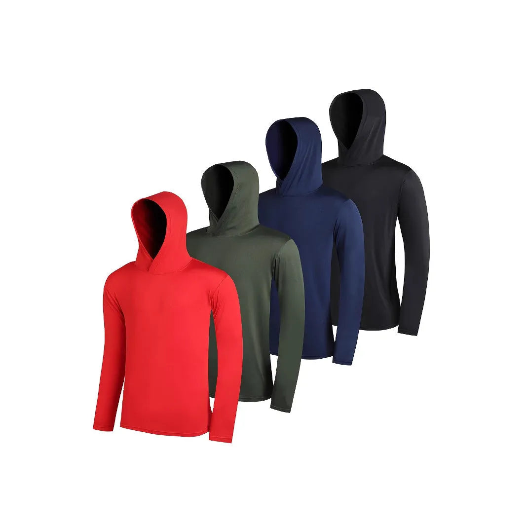 Four men's lightweight hoodies in elastic polyester fibre showing five colour options and size range S to XXXL