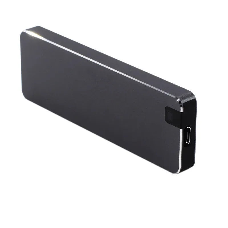 External metal SSD hard drive with USB 3.1 cable in black grey, blue, red, or silver