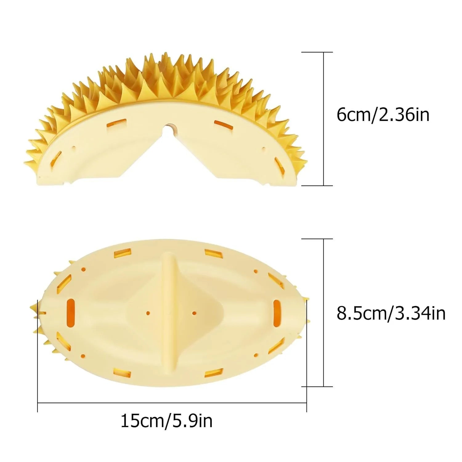 Yellow durian-shaped cat corner scratcher and massage comb toy with adhesive backing