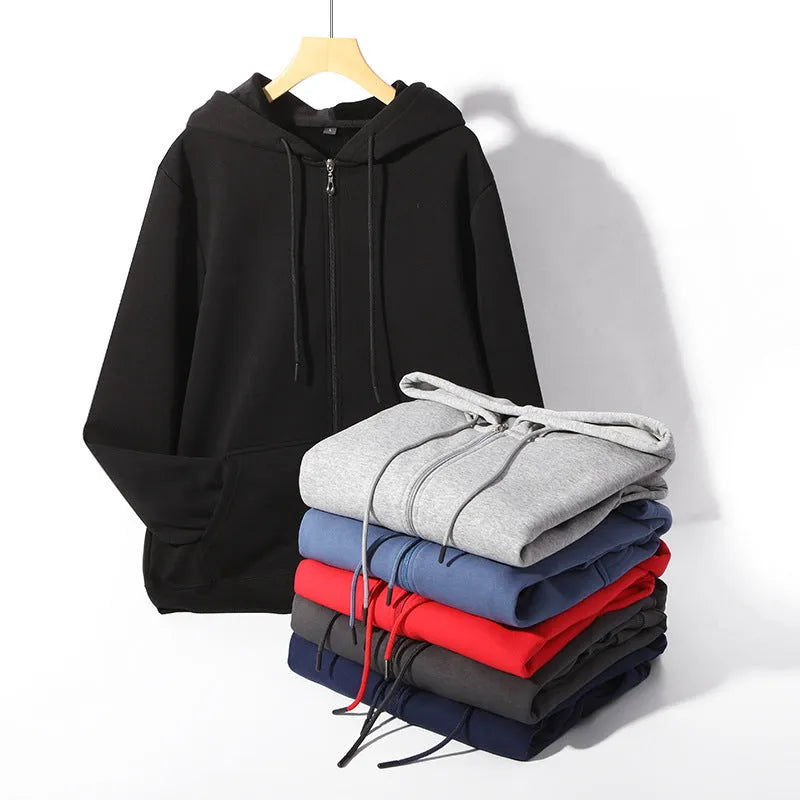 Plus size man wearing a beige zip-up hooded cardigan sweater with kangaroo pockets