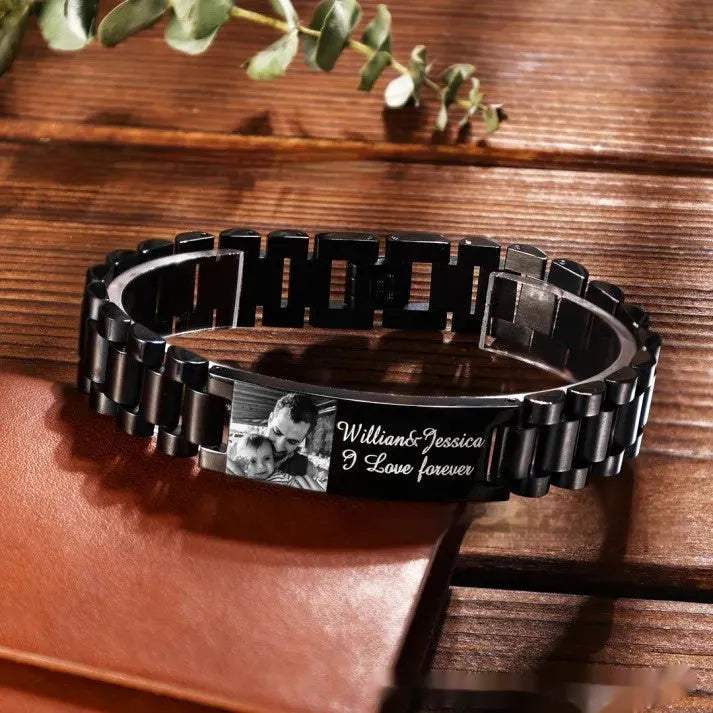 Men's titanium steel lettering bracelet with heart shape design in black or grey colour option