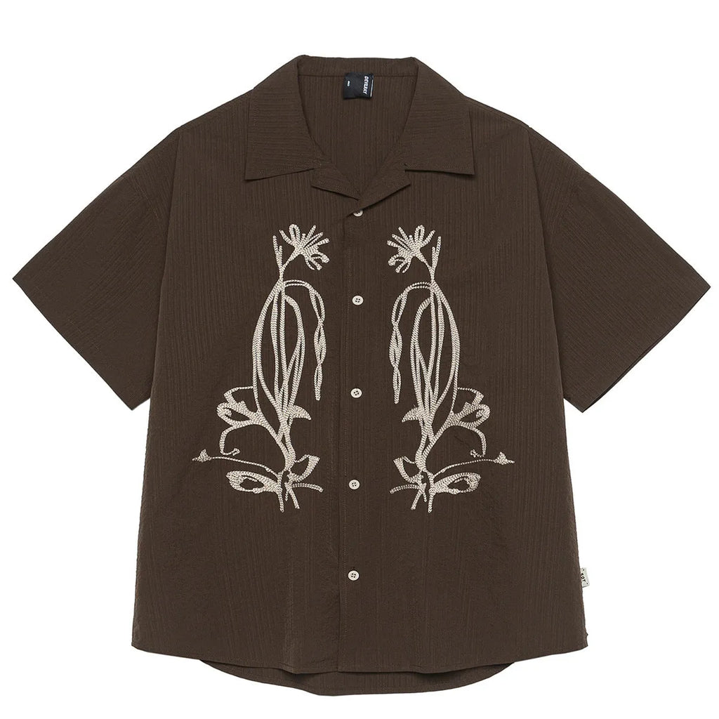Brown striped Cuban collar short sleeve shirt with waterproof quick-dry polyester fabric for outdoor camping
