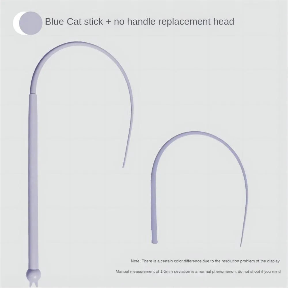 Blue cat teaser toy with silicone mouse tail and cat head handle for interactive play