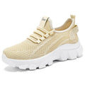 Women's white flyknit running sneaker with thick PVC sole and lace-up front
