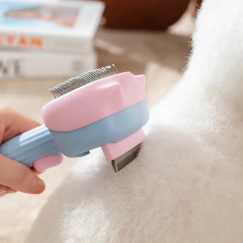 Blue and green double-sided pet deshedding brush with rake and comb, showing dimensions.
