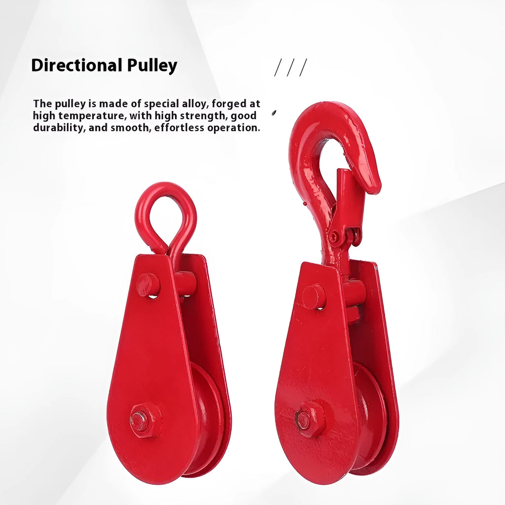 Red industrial steel lifting pulley with a large safety latch hook for wire rope or sling connection.
