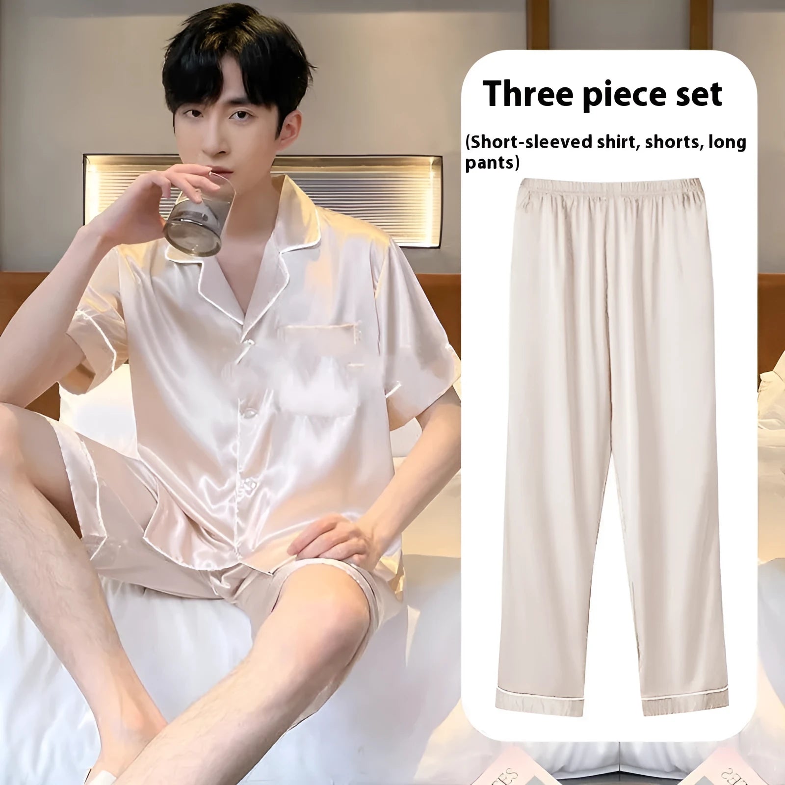 Men's ice silk three-piece home wear set showing shorts and trousers in a choice of colours.