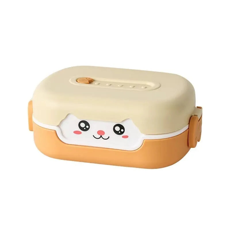 Square plastic lunch box with divided compartments in dark blue, orange yellow or pink and green colours