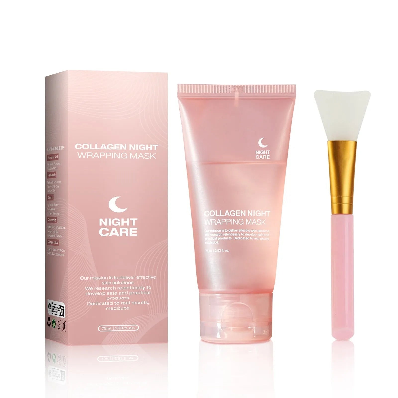 Collagen night face mask in 75ml bottle with application brush for evening skincare