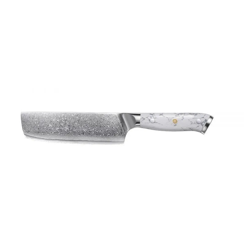 Damascus pattern chef knife with VG10 steel blade, 21cm cutting edge, modern handle design