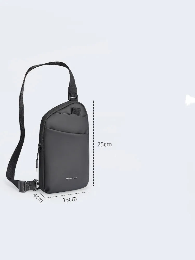 Elegant black men's lightweight crossbody bag made from Oxford cloth with sewing thread detail.