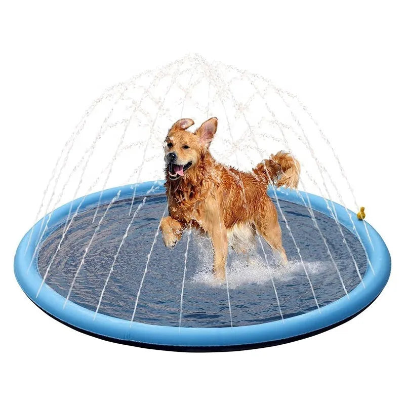 Anti-slip dog splash pad and swimming mat outdoor toy in a garden setting.