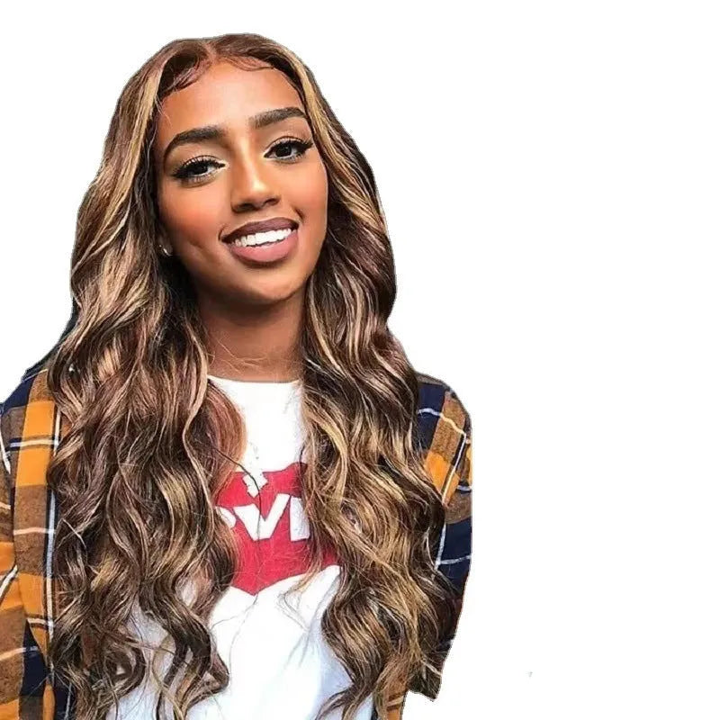Front lace synthetic wig with long curly hair and side bangs in a piano colour.