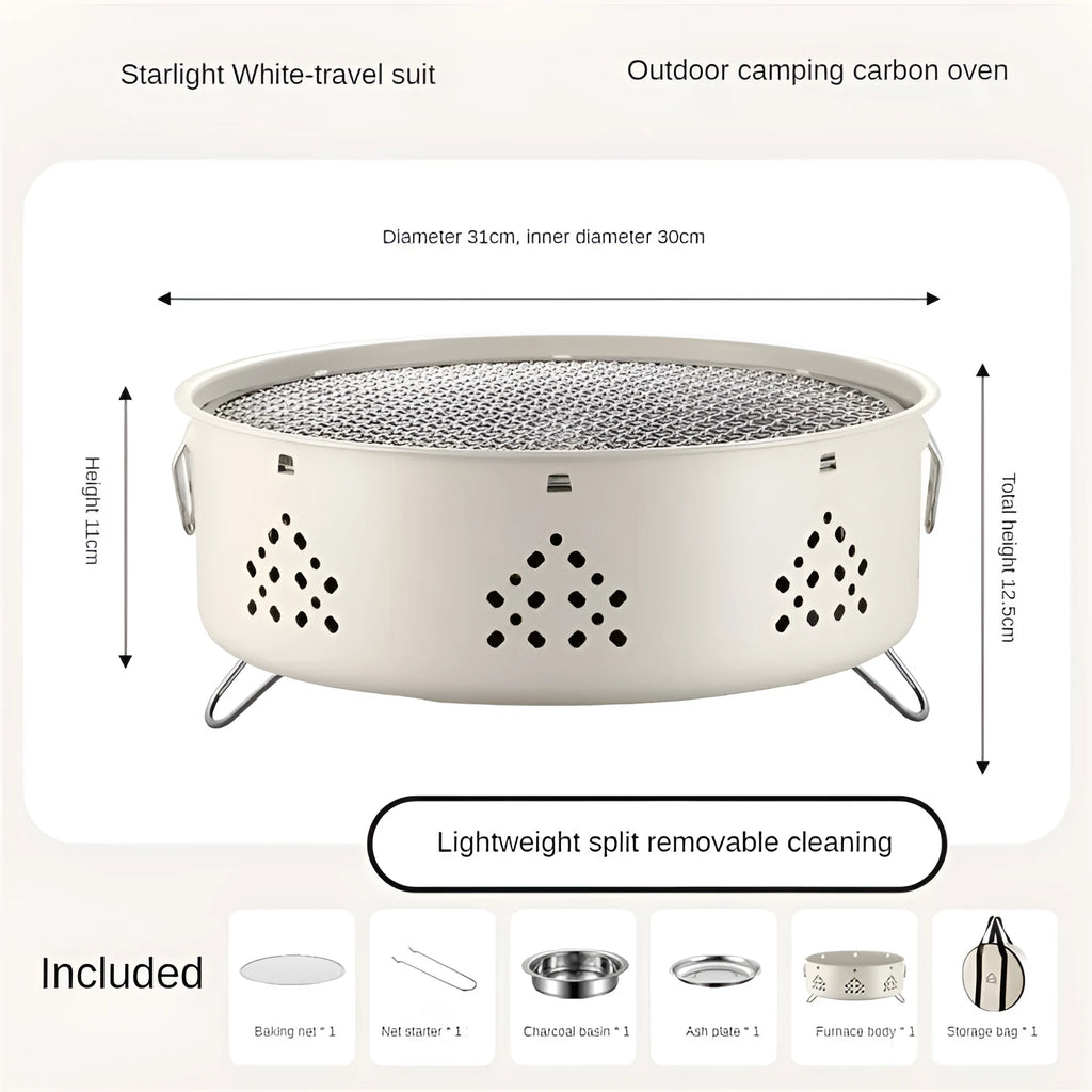 Portable stainless steel charcoal barbecue grill with removable legs and storage bag for outdoor use.