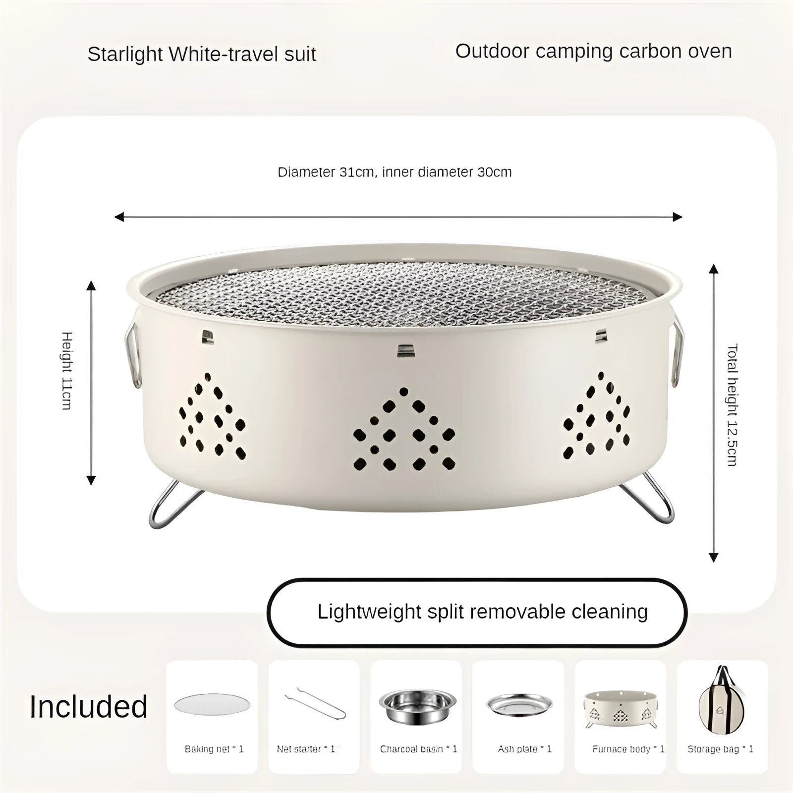 Portable stainless steel charcoal barbecue grill with removable legs and storage bag for outdoor use.