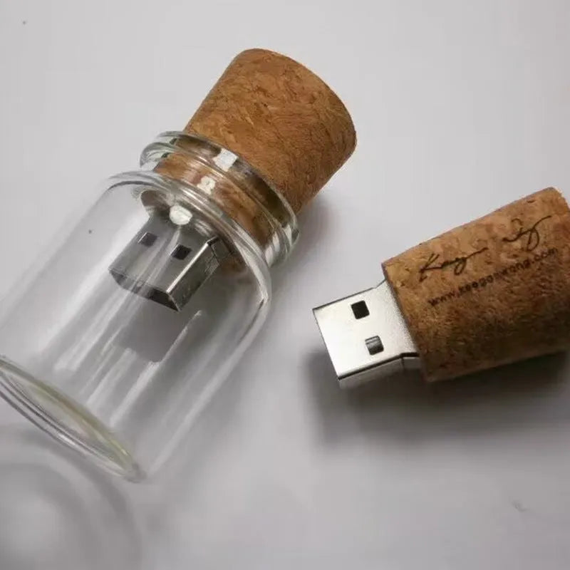 Transparent drift bottle USB flash drive with wooden stopper cap measuring 60mm tall