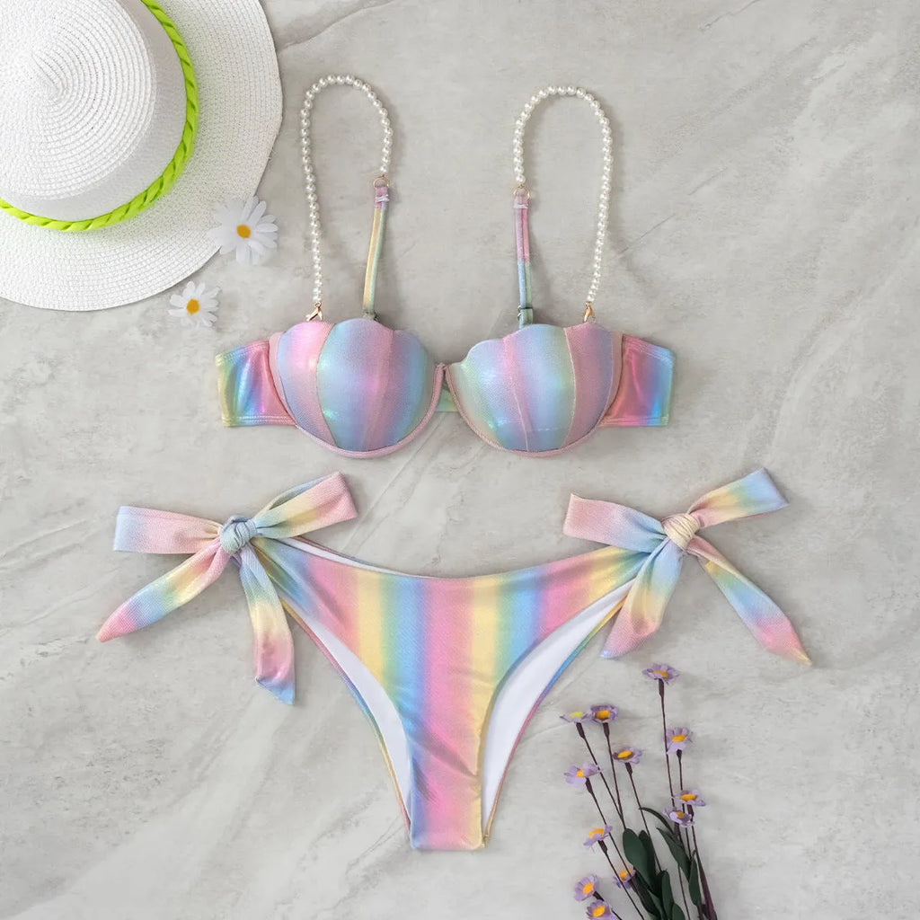 Women's shell rainbow split tied swimsuit with sleeveless design for swimming and casual surfing