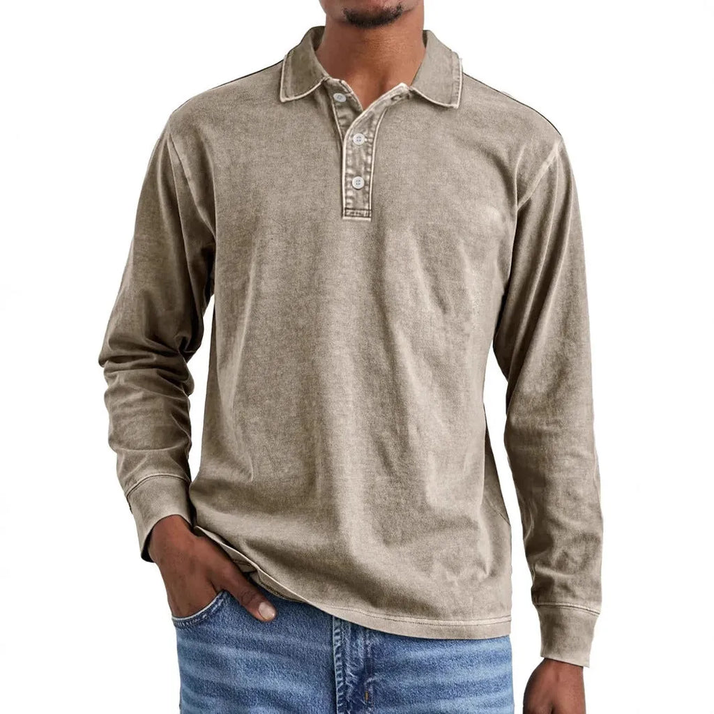 Men's retro washed distressed cotton long sleeve polo shirt with a pointed lapel collar