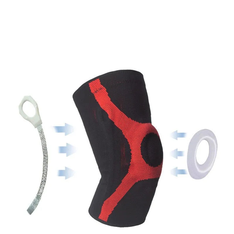 Knitted sports knee pads with silicone knee protection in red and grey colour options
