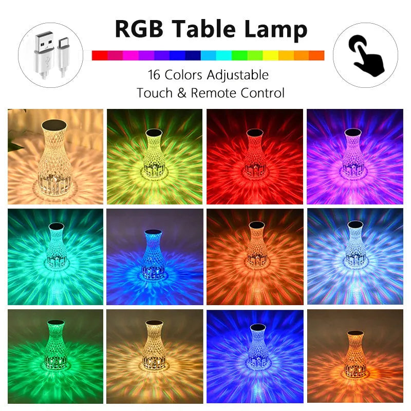 Crystal vase table lamp with remote control measuring 19cm tall on wooden bedside table
