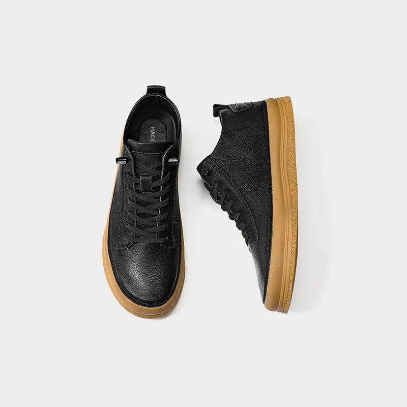 Men's black leather casual shoes with lace-up closure and round toe design
