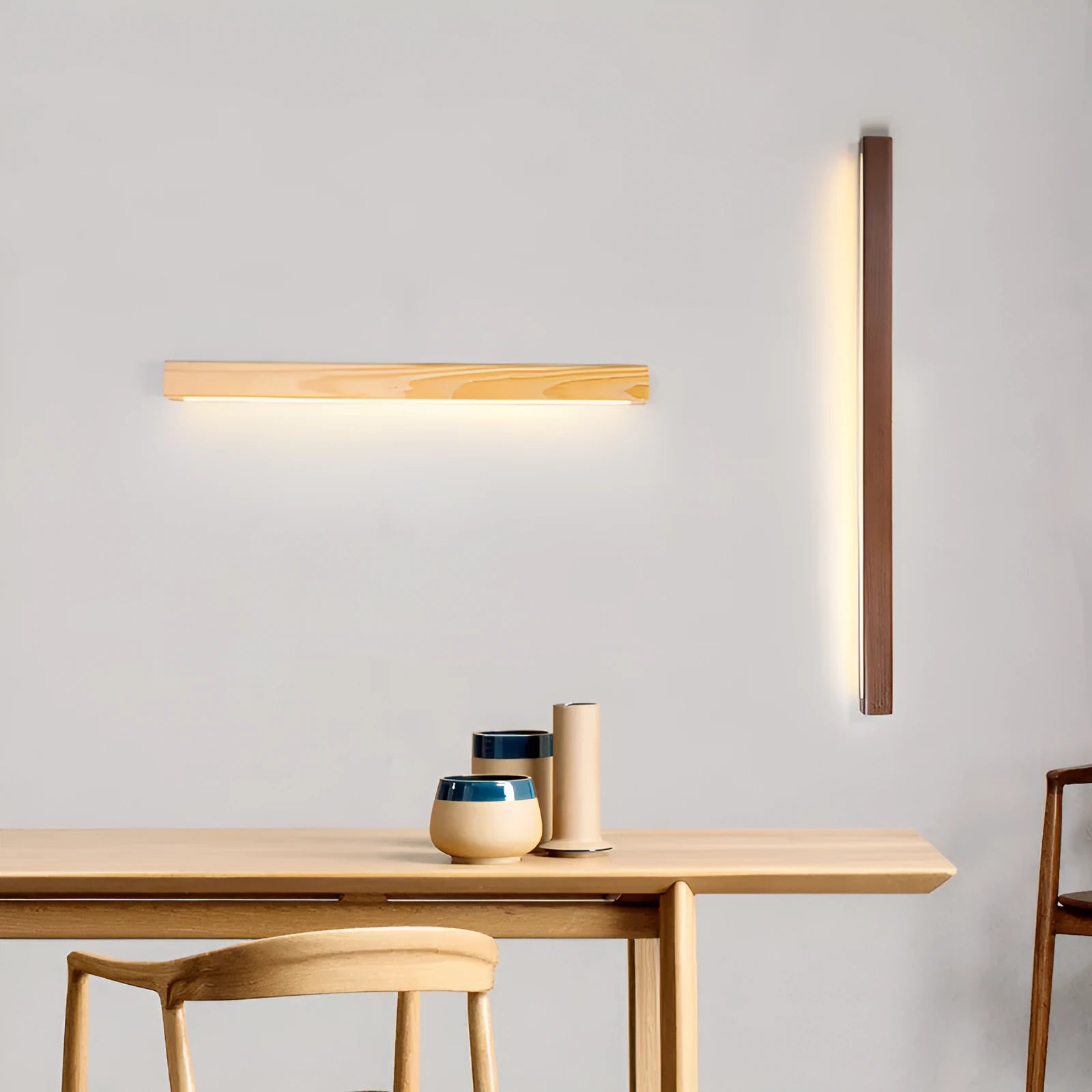 Modern walnut colour wood and acrylic wall lamp with LED lighting in minimalist log strip design