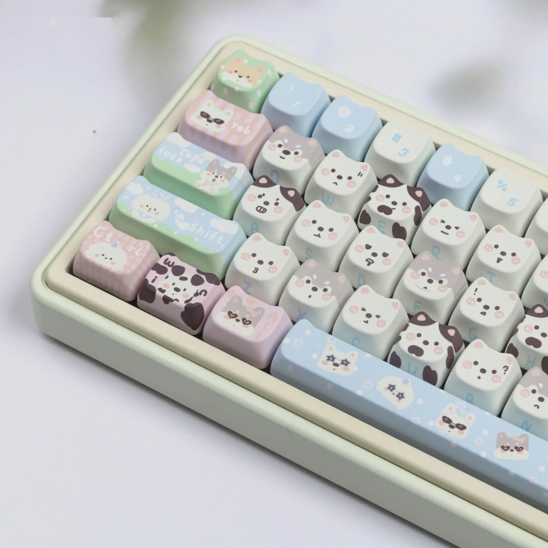 PBT key cap set with cat and puppy sublimation design for mechanical keyboards
