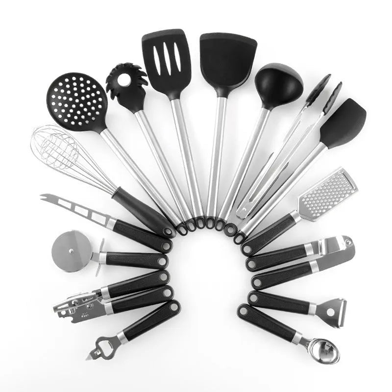Black silicone spatula spoon set with stainless steel handles - 16 piece kitchen utensil collection
