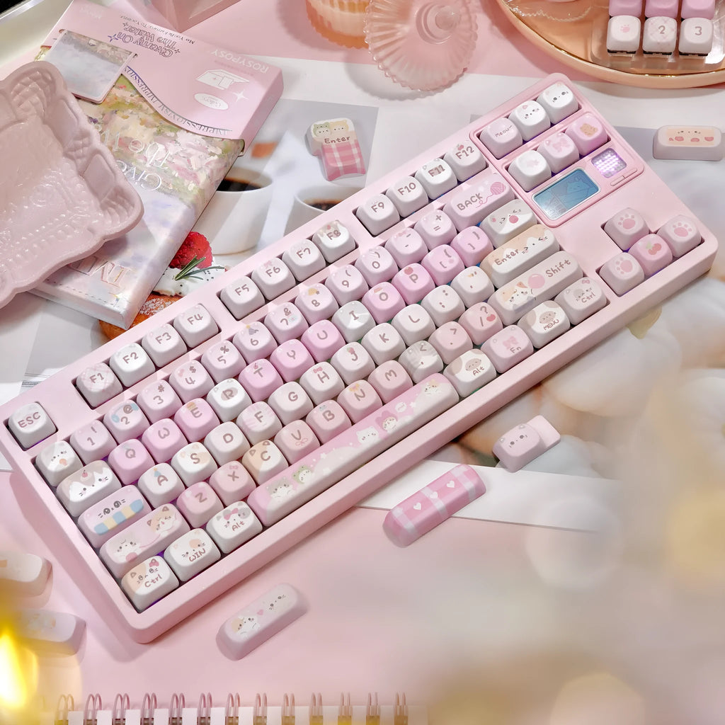 Pink MOA mechanical keyboard keycaps with cartoon design on all five sides via sublimation printing